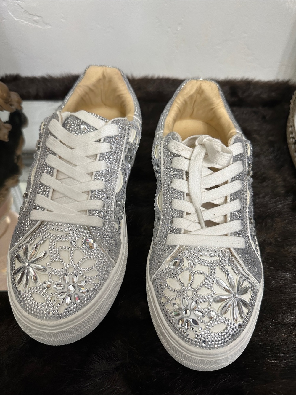 Betsey Johnson Silver Crystal Floral Lace-Up Sneakers